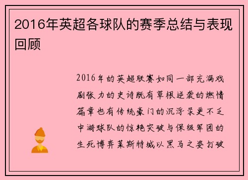 2016年英超各球队的赛季总结与表现回顾